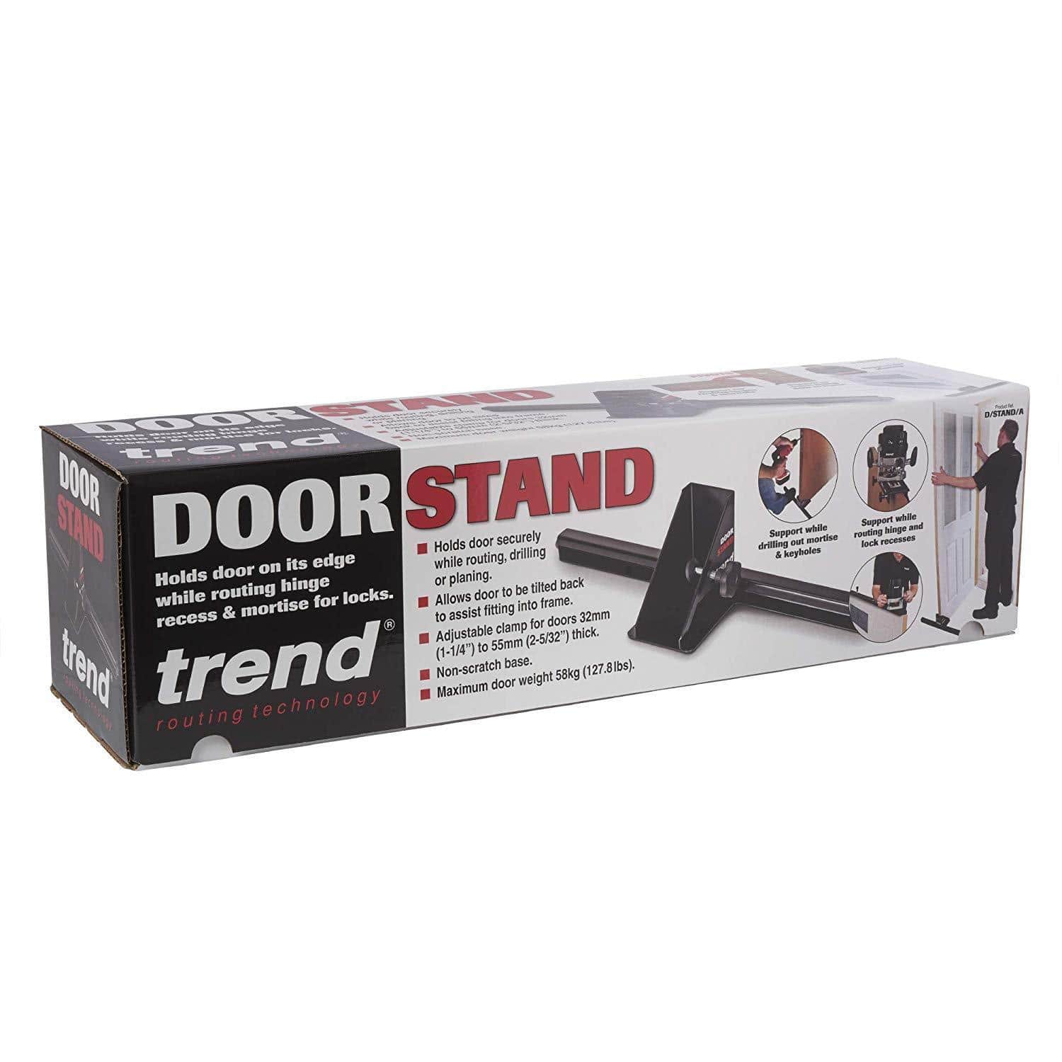 Door holder stand for secure door installation, supports routing hinge recess and mortise for locks. Ideal for DIY projects.