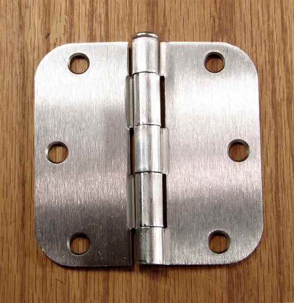 Satin nickel residential door hinges, 3.5 inches with 5/8 inch radius, sold in a 2 pack for easy installation.