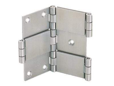 Double action hinge for cabinets in satin stainless steel finish, available in multiple sizes, sold individually.