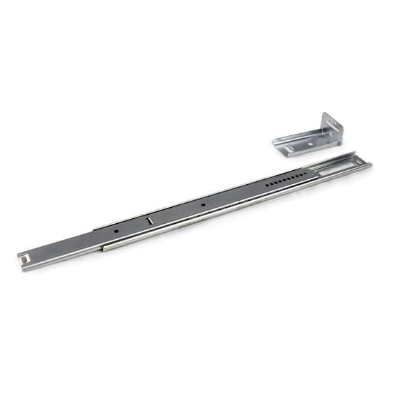Zinc plated ball bearing drawer slides, center mounted, available in multiple sizes, sold in pairs for smooth operation.