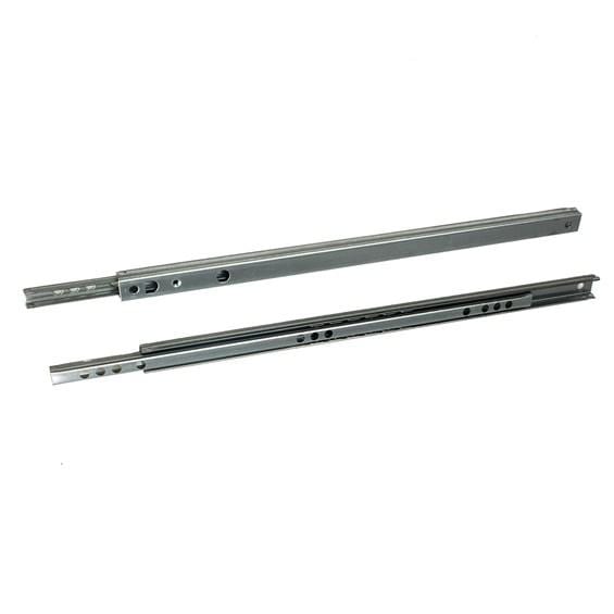 Ball bearing drawer slides in steel, double acting, available in multiple sizes, sold in pairs for smooth operation.