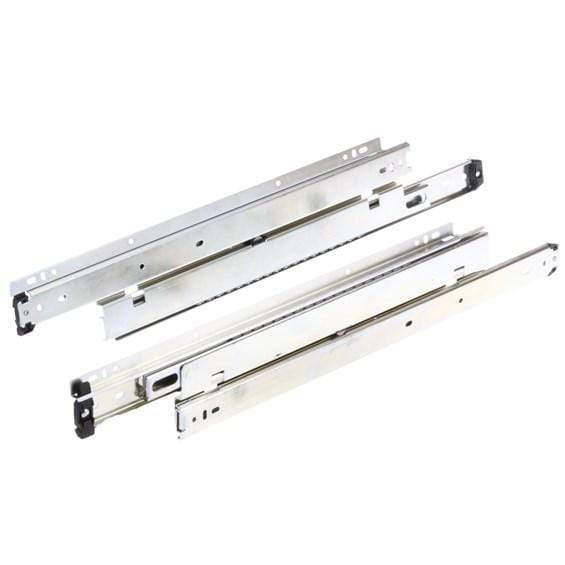 Extra heavy-duty ball bearing drawer slides with full extension, zinc plated, available in multiple sizes, sold in pairs.
