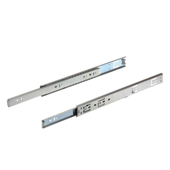 Full extension ball bearing drawer slides in zinc plating, available in multiple sizes and sold in pairs for medium duty use.