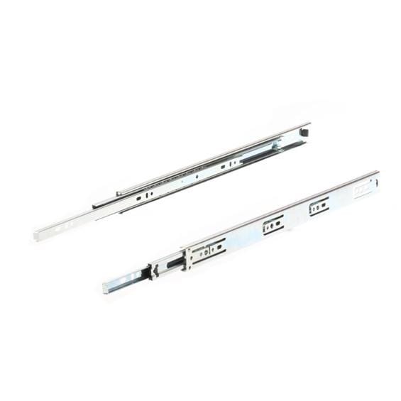 Ball bearing drawer slides with full extension, zinc plated, available in multiple sizes, sold in pairs.