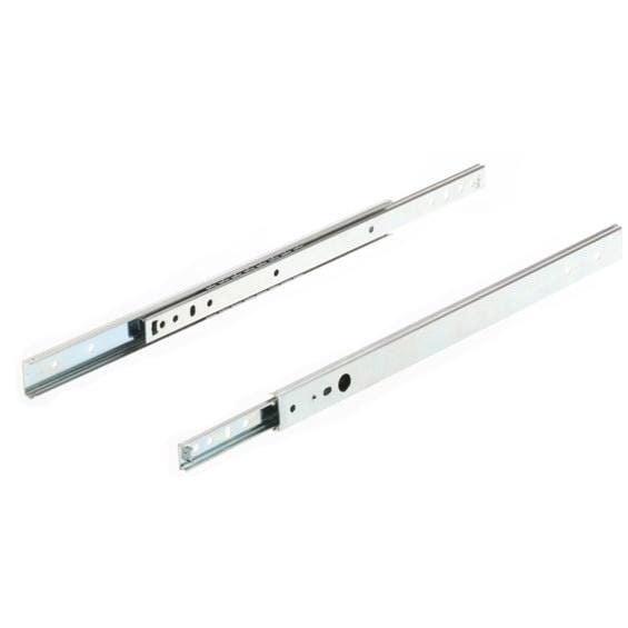 Ball bearing drawer slides for side mounting, double action, available in multiple sizes, sold in pairs.