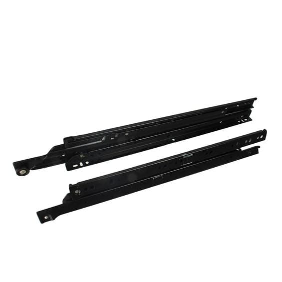 Full extension roller drawer slides in black finish, sold in pairs, available in multiple sizes for smooth closing.