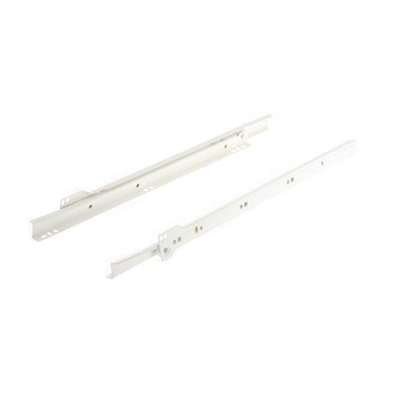 White roller drawer slides with a "no shimmy" captive design, self-closing feature, available in various sizes and finishes.