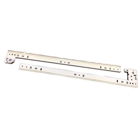 Almond powder-coated steel roller drawer slides available in multiple sizes, sold in pairs for easy installation.
