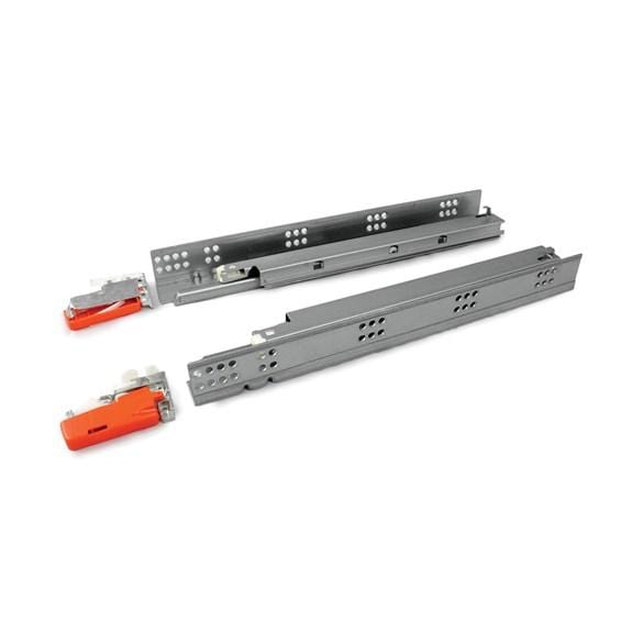 Full extension undermount drawer slides with soft close feature, available in multiple sizes and sold in pairs.