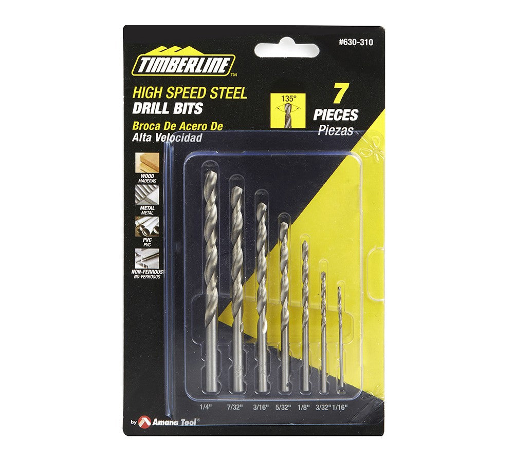 High-speed steel drill bits set for hinge screws, available in 7, 10, or 13 pieces for various applications.