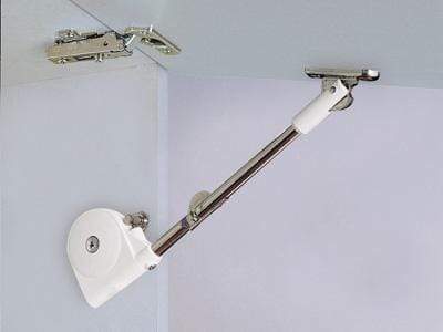 Soft-Down flap door lid stay for 25/32" thick doors, allowing 80°, 90°, and 100° openings, finished in white.