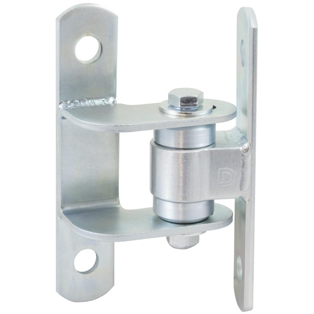 Heavy duty face mount gate hinge made of steel, opens to 180°, supports up to 1,100 lbs, zinc plated finish.