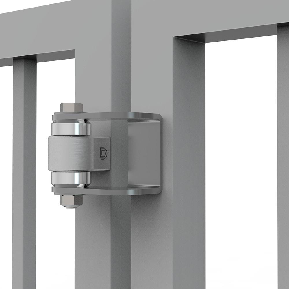 Heavy duty face mount gate hinge for weld-on installation, supports up to 1,100 lbs, opens to 180 degrees.
