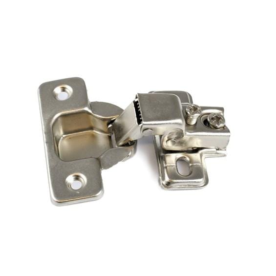 Self-closing concealed cabinet hinge in nickel finish, available with multiple attaching methods, sold individually.