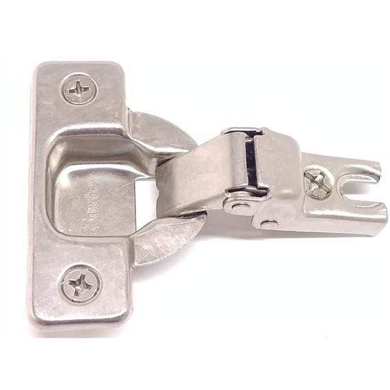 Self-closing concealed cabinet hinge in nickel finish, featuring multiple attaching methods, sold individually.