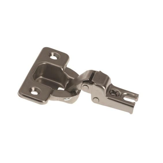 Self-closing concealed cabinet hinge in nickel finish, offering multiple attaching methods, sold individually.