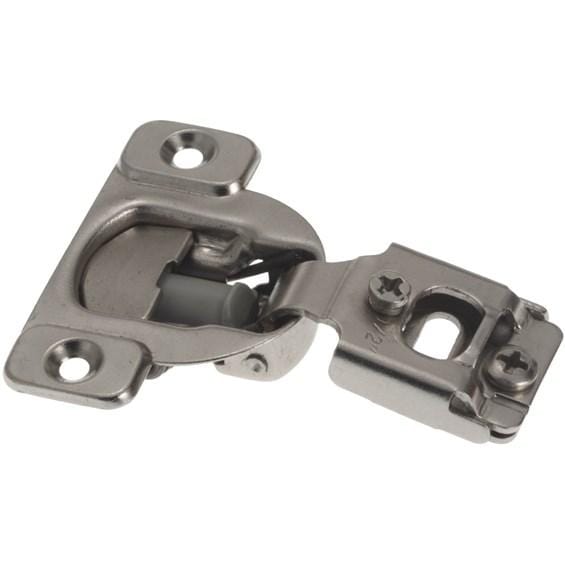 Face frame soft-closing concealed hinge in nickel finish, suitable for multiple overlays, sold individually.