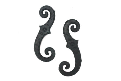 Faux Shutter Dogs / Tiebacks - Stippled Scroll - 6-3/4" Inch - Cast Iron - Black Powder Coat - Sold in Pairs