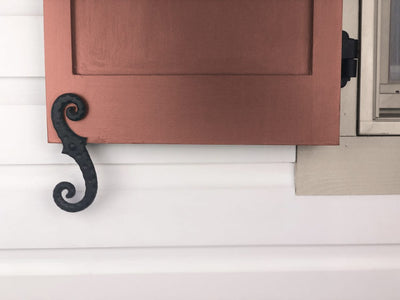 Faux Shutter Dogs / Tiebacks - Stippled Scroll - 6-3/4" Inch - Cast Iron - Black Powder Coat - Sold in Pairs