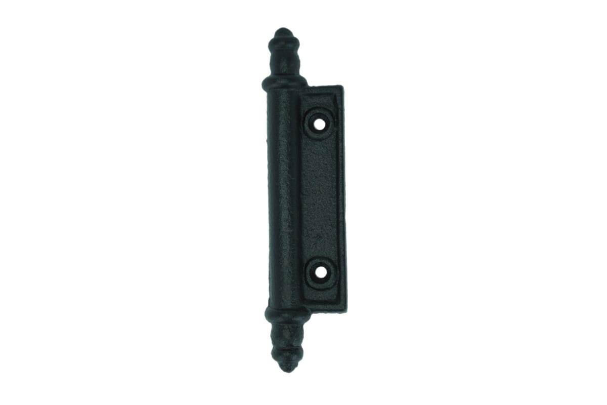Faux shutter hinge in black powder-coated cast iron, measuring 4-1/2 inches by 1 inch, sold individually.