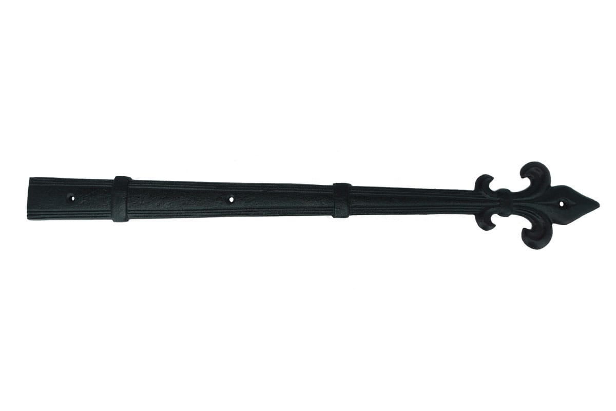 Faux strap hinge for shutters with fleur-de-lis tip, 17-1/2 inches, cast aluminum, available in multiple finishes.