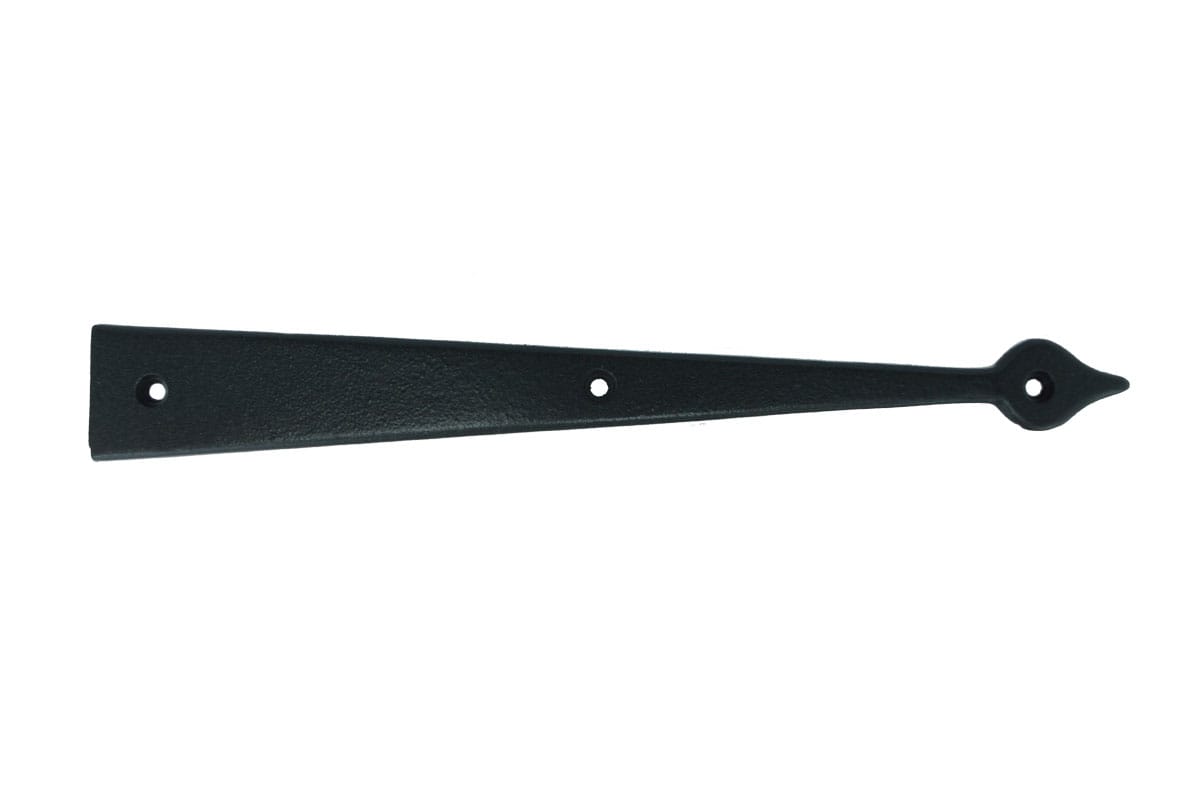 Faux strap hinge for shutters, 16-3/4 inches, cast iron with black powder coat finish, sold individually.