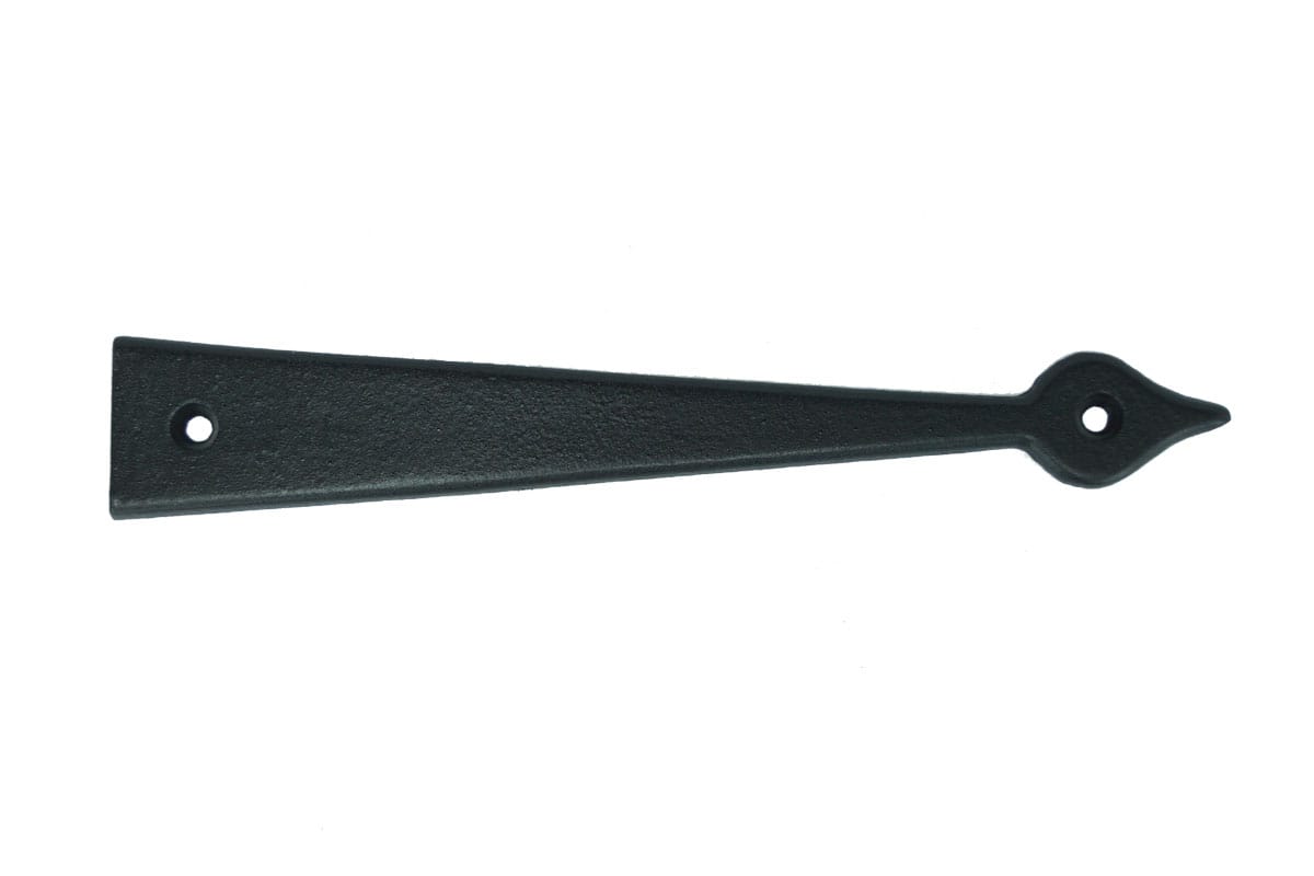 Faux strap hinge for shutters with spade tip, cast aluminum, black finish, available in multiple sizes, sold individually.