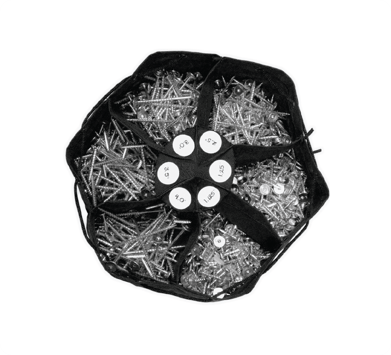 Flexible screw organizer bag featuring compartments for round and square screws, sold individually for easy storage.