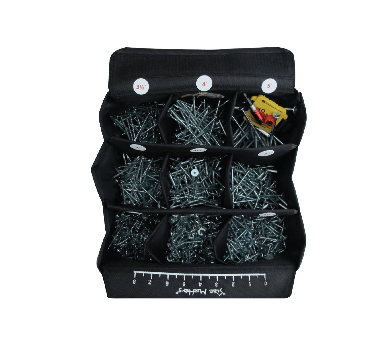 Organized screw bag featuring multiple compartments for round or square screws, sold individually for easy access.