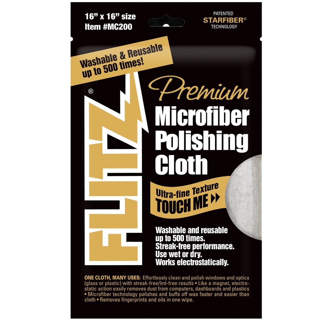 Premium microfiber hinge polishing cloth, 16" x 16", washable and reusable up to 500 times for streak-free performance.