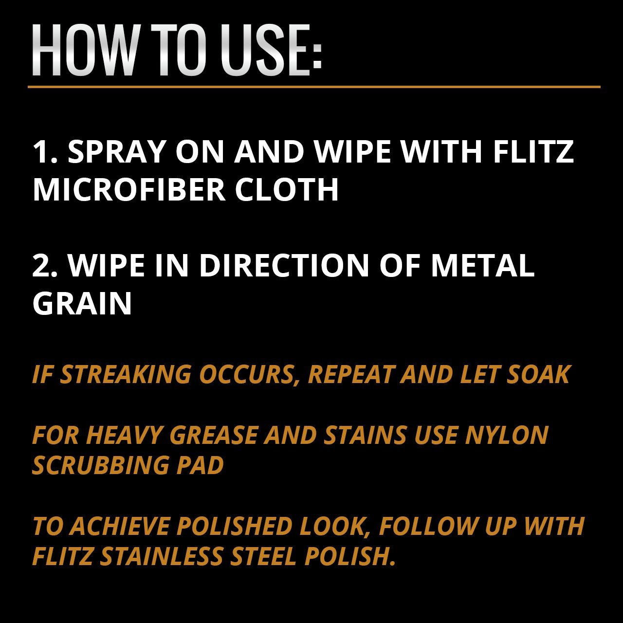 Stainless steel hinge cleaner instructions for effective use with microfiber cloth and scrubbing pad.