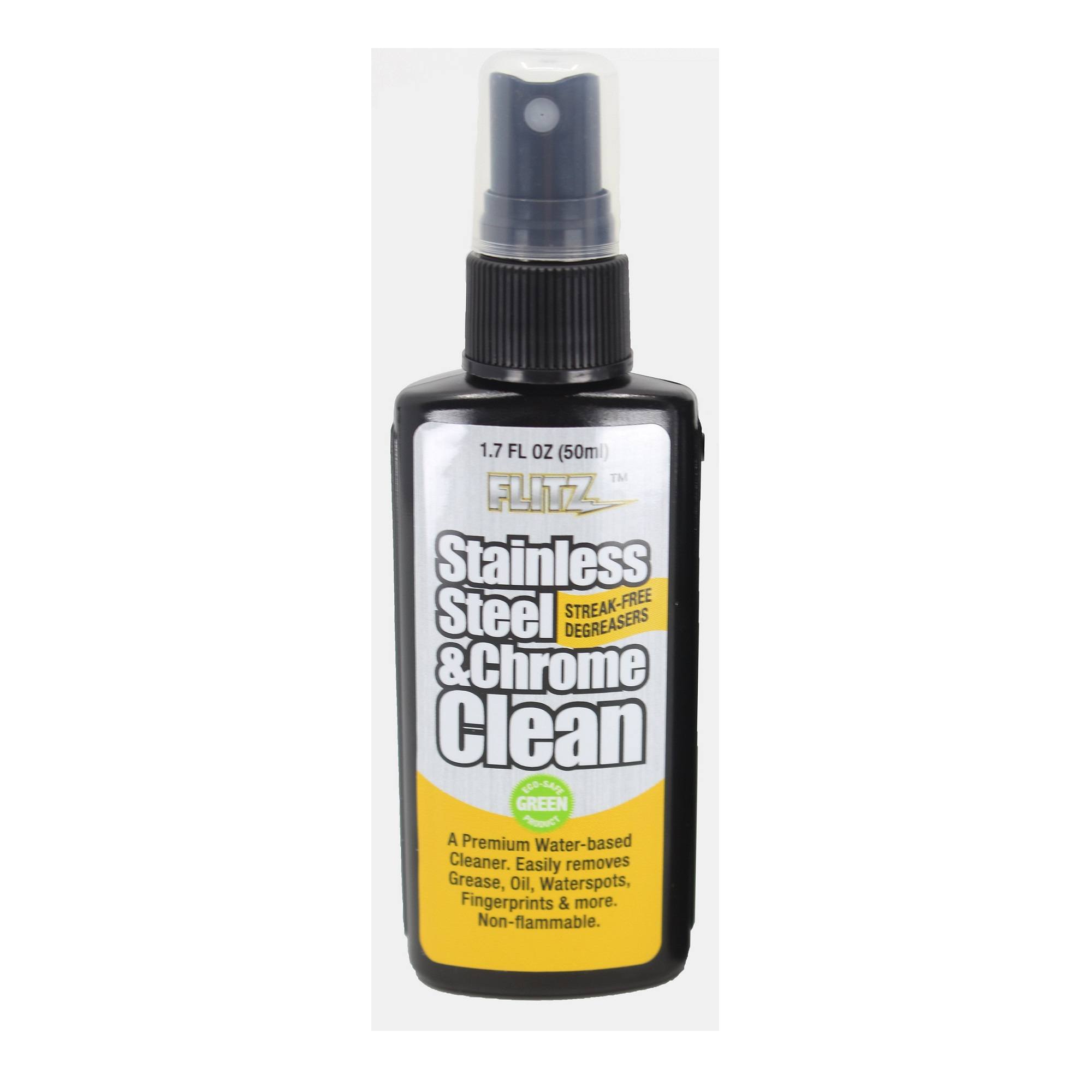 Stainless steel hinge cleaner in a 1.7oz spray bottle for removing grease and fingerprints from surfaces.
