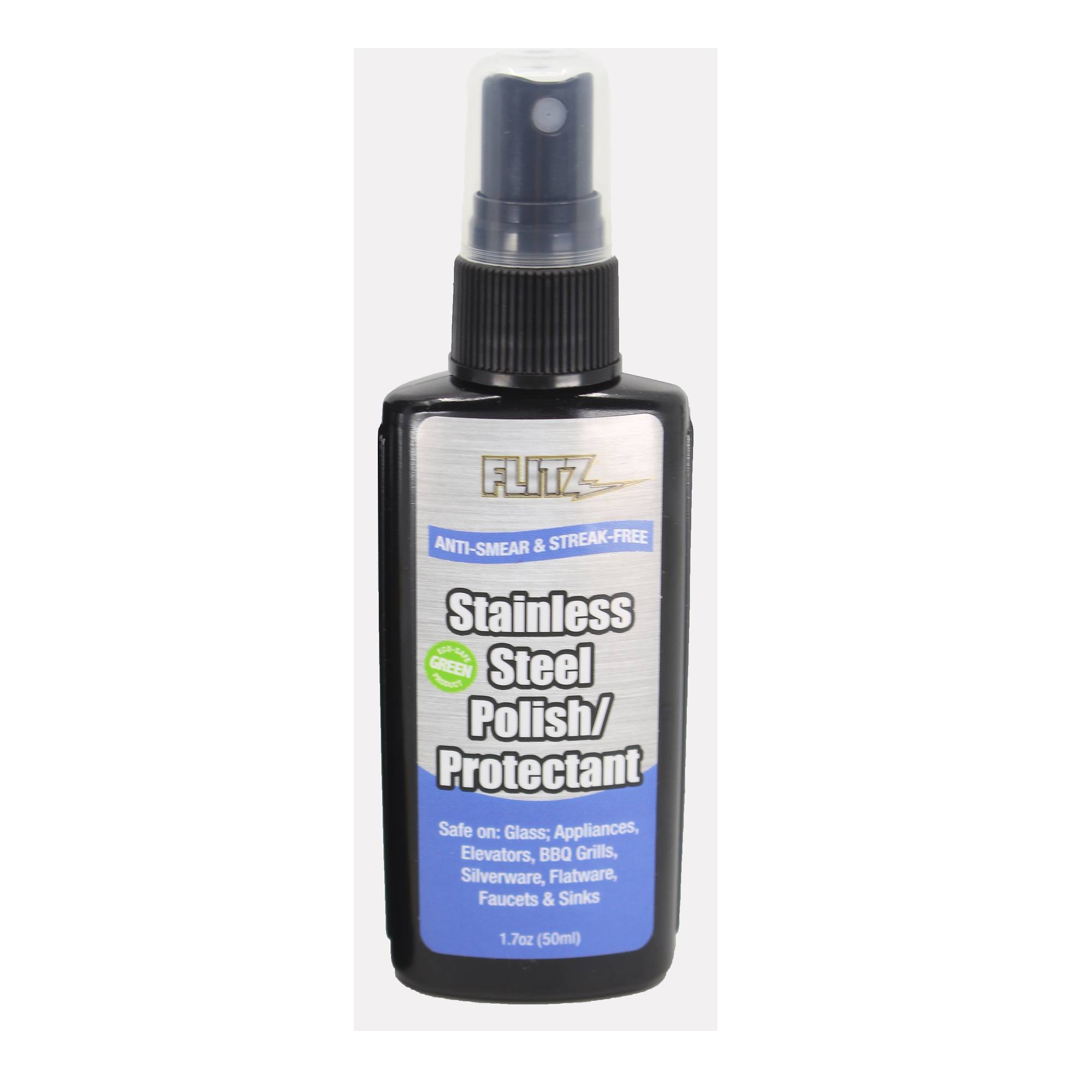 Stainless steel polish and protectant in a 1.7oz spray bottle for cleaning and maintaining stainless steel surfaces.