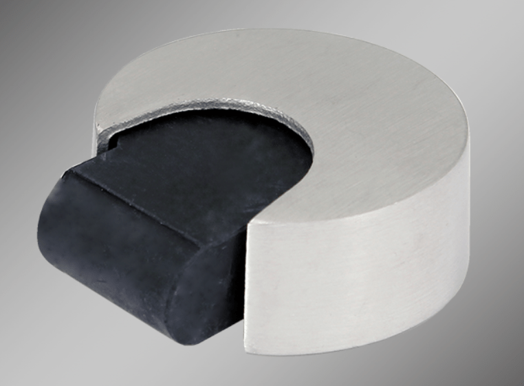 Stainless steel floor mounted door stop with 13/16" projection and rubber base, sold individually for durability.