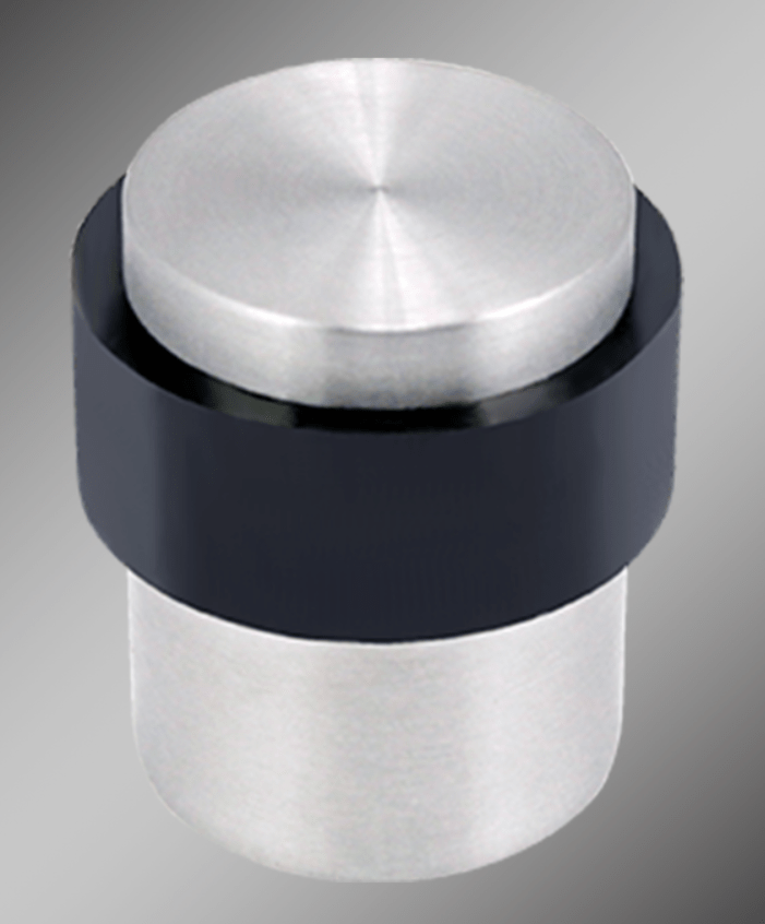 Cylindrical floor mounted door stop with 1 9/16” projection in stainless steel, designed for durability and style.
