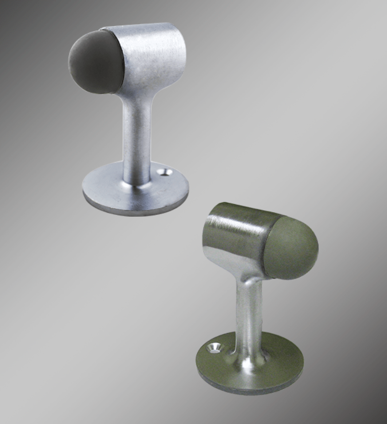 Heavy-duty floor mounted door stop, 3x2 inches, available in multiple finishes for commercial use. Sold individually.