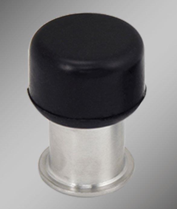 Stainless steel door stop with a 2-inch projection, suitable for floor or wall mounting, sold individually.