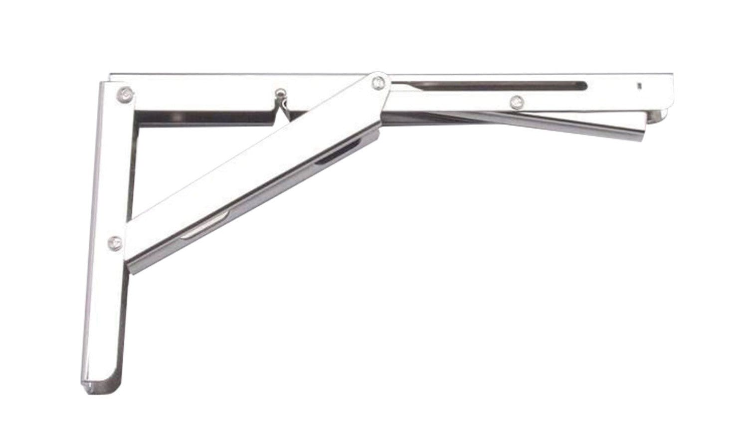 Stainless steel folding shelf bracket, available in multiple sizes, designed for sturdy and space-saving support.