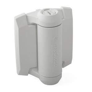 Adjustable white gate spring hinge for metal gates, rust-proof, suitable for gate gaps of 11/32” to 7/8”.