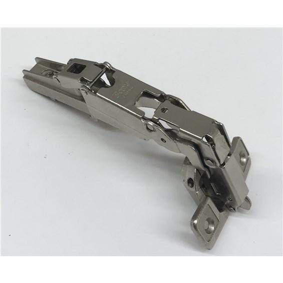 Forte concealed 170° self-closing clip-on cabinet hinge in nickel finish, available in various attaching methods and overlays.