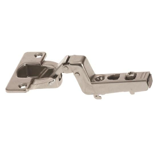 Forte concealed 170° self-closing cabinet hinge in nickel finish, featuring multiple attaching methods and overlays.