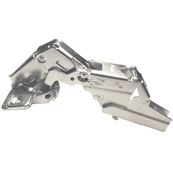 Forte concealed 170° self-closing cabinet hinge with nickel finish, featuring clip-on and slide-on attachment methods.