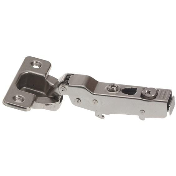 Forte concealed clip-on soft closing cabinet hinge with nickel finish, designed for various overlays and attaching methods.