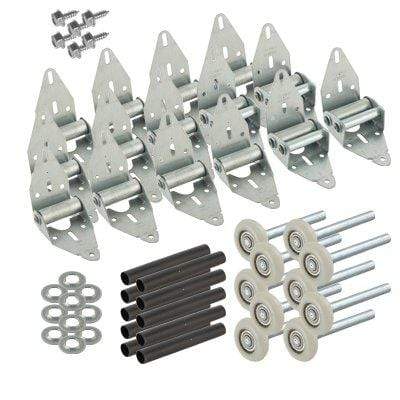 Quiet garage door hinge retrofit kits with various sizes, including hinges, rollers, screws, and washers.