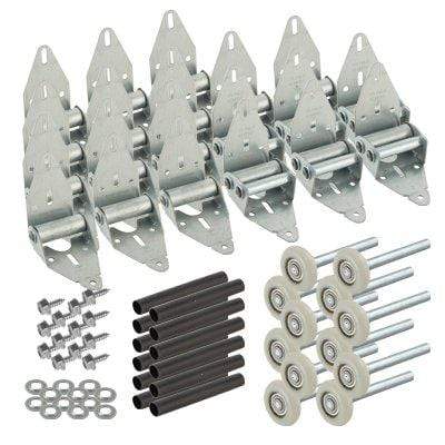 Garage door hinge retrofit kits with multiple sizes, including hinges, rollers, screws, and installation hardware.