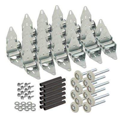 Quiet garage door hinge retrofit kits in various sizes, featuring durable metal construction and smooth operation components.
