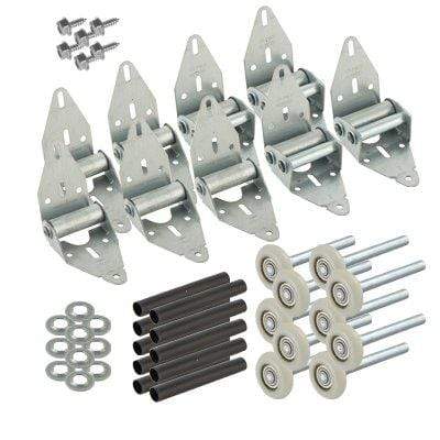Garage door hinge retrofit kits with multiple sizes, including hinges, rollers, and screws for quiet operation.
