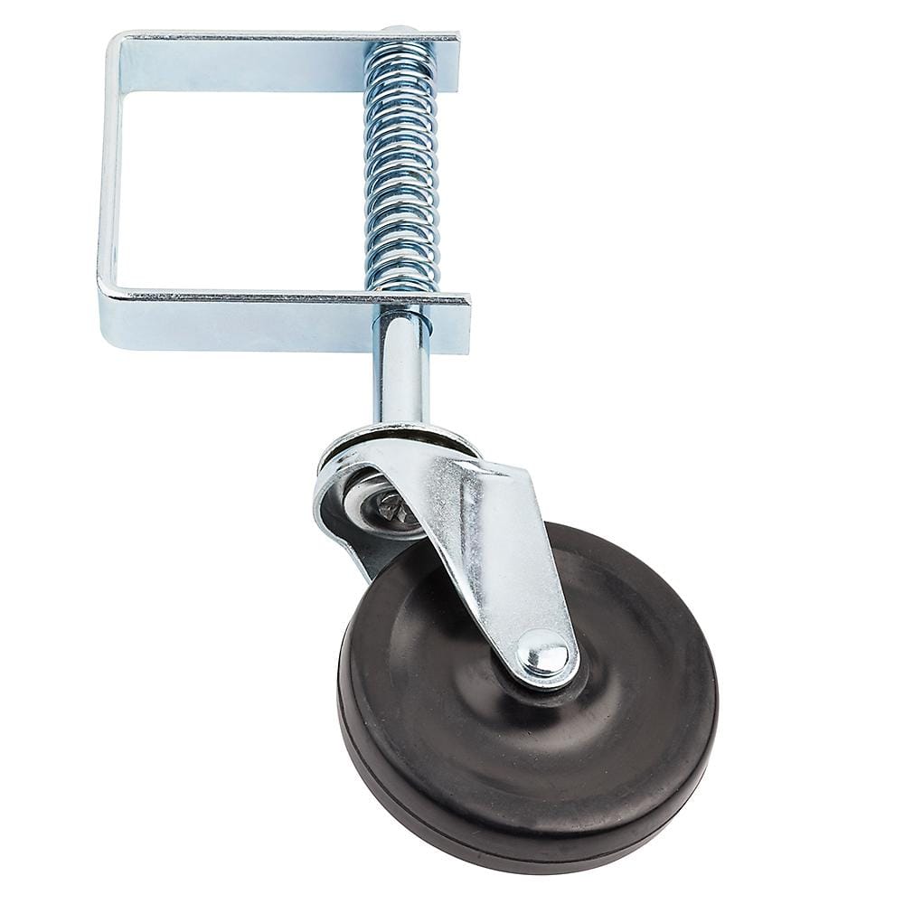 Spring-loaded gate caster with zinc-plated finish, supports up to 125 lbs, sold individually for easy installation.