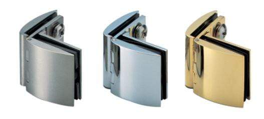 Glass door hinge for cabinets in multiple finishes, designed for glass frame types, sold individually.