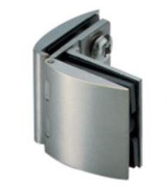 Glass door hinge for cabinets, designed for glass frame types, available in multiple finishes, sold individually.